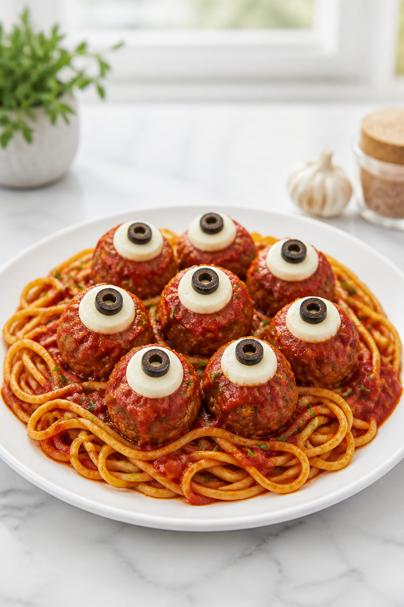 Spooky Eyeball Beef Meatball And Spaghetti Dinner Spooky Eyeball Beef Meatball And Spaghetti Dinner