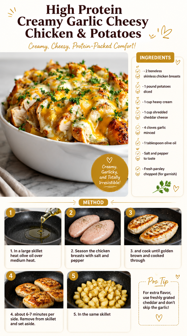 High Protein Creamy Garlic Cheesy Chicken & Potatoes
