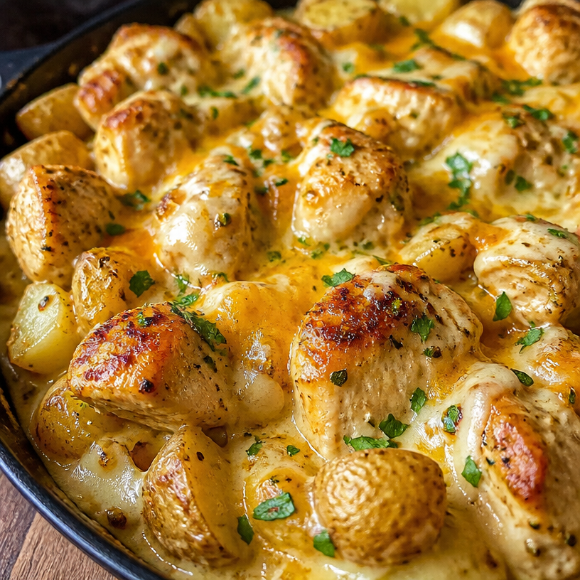 High Protein Creamy Garlic Cheesy Chicken & Potatoes