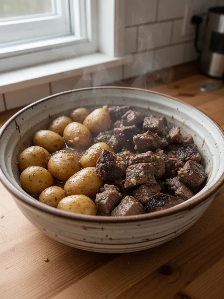 Slow Cooker Garlic Butter Beef Bites with Potatoes