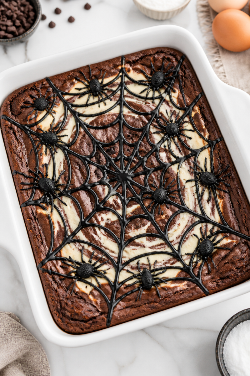 Spooky Cream Cheese Spider Web Halloween Brownie