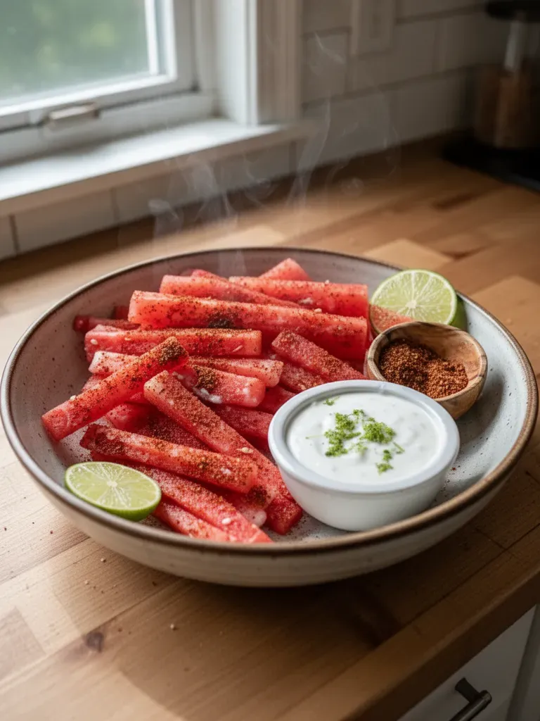 Tajin-coated Spicy Watermelon Fries with Coconut Lime Dipping Sauce