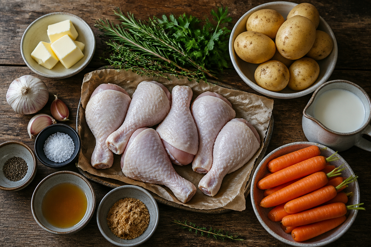 Herb Butter Roasted Chicken Drumsticks with Creamy Mashed Potatoes & Glazed Carrots