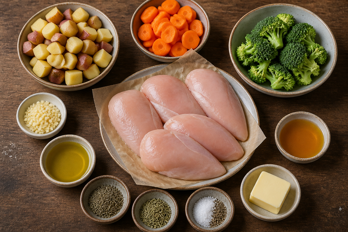 Garlic Herb Chicken Breast with Roasted Potatoes, Honey Glazed Carrots & Broccoli