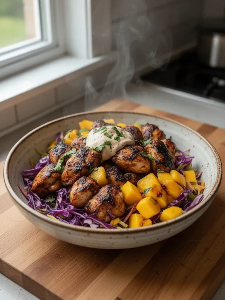 Spicy Jerk Chicken with Mango Slaw