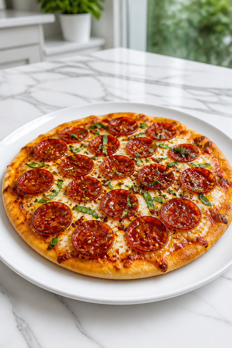 Spicy Halal Beef Pepperoni And Hot Honey Skillet Pizza