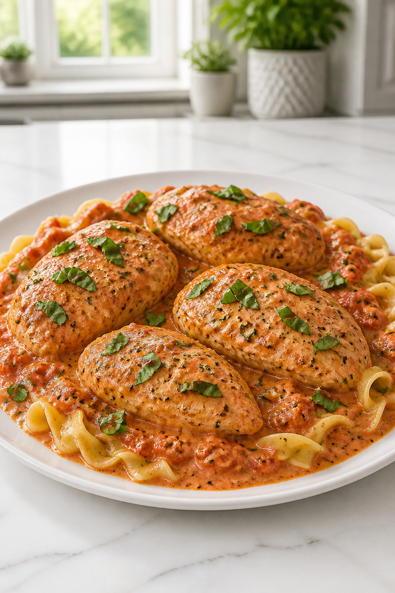 Slow Cooker Creamy Tomato Basil Crockpot Chicken Recipe