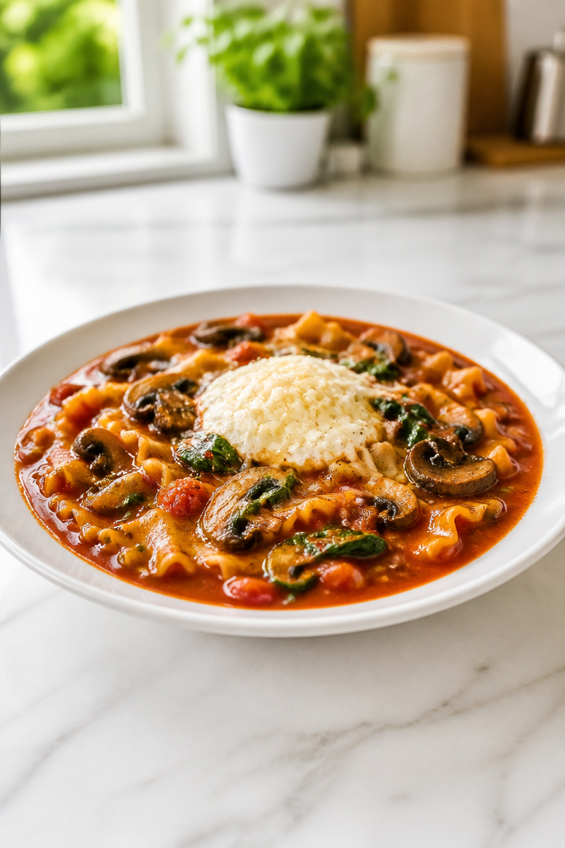 Cheesy Vegetarian Mushroom And Spinach Lasagna Soup Recipe