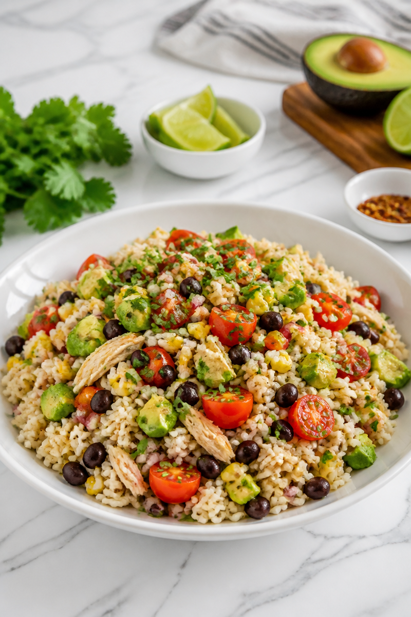 Healthy Avocado And Black Bean Street Corn Chicken Rice Bowl