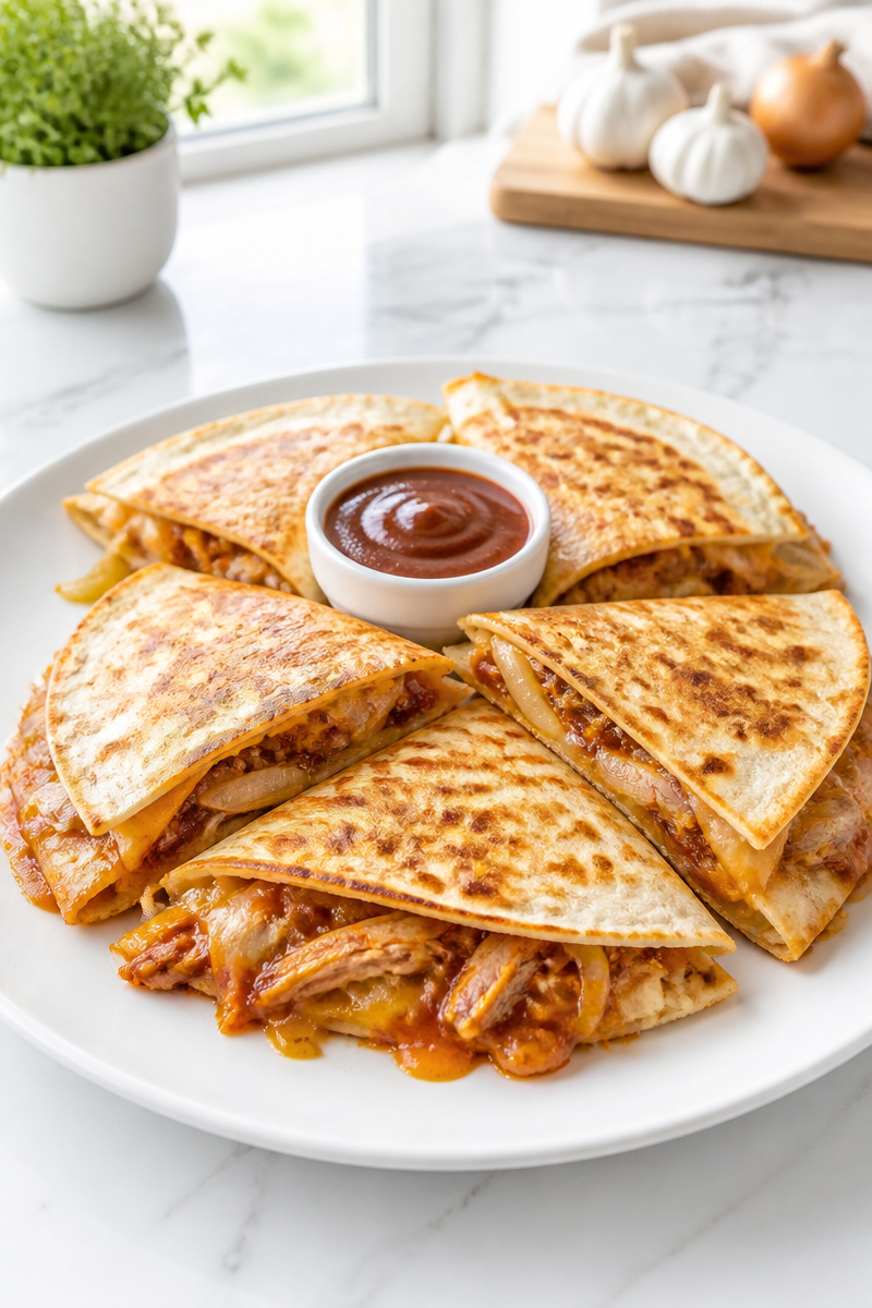 Cheesy BBQ Pulled Chicken And Onion Quesadilla Recipe