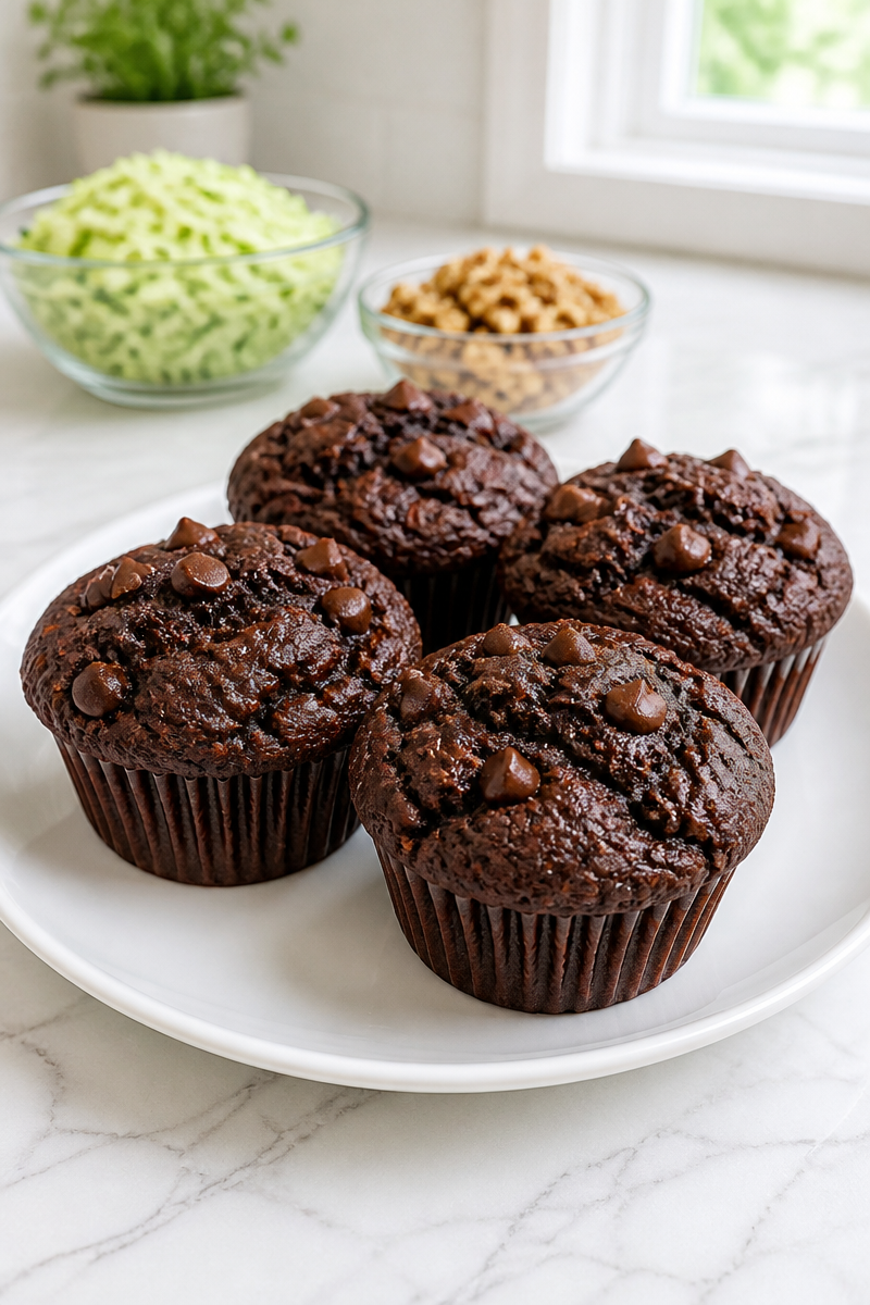 Moist Zucchini And Walnut Double Chocolate Chip Muffin