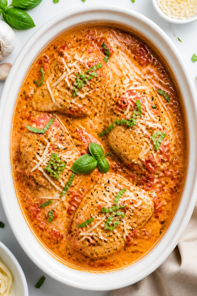 Slow Cooker Creamy Tomato Basil Crockpot Chicken Recipe