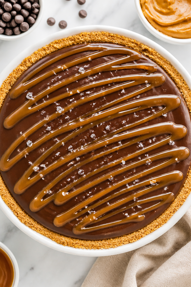 No Bake Salted Caramel And Chocolate Peanut Butter Pie