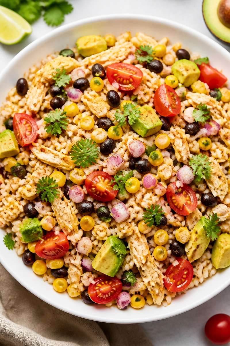 Healthy Avocado And Black Bean Street Corn Chicken Rice Bowl