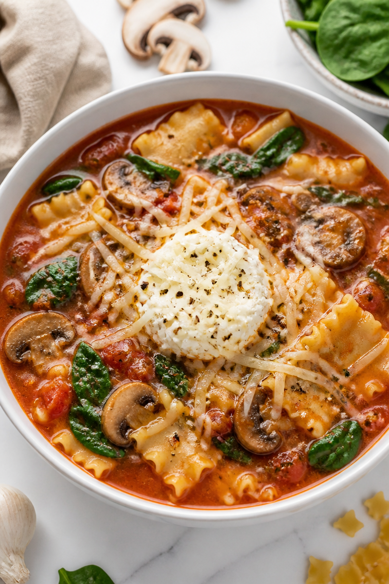 Cheesy Vegetarian Mushroom And Spinach Lasagna Soup Recipe