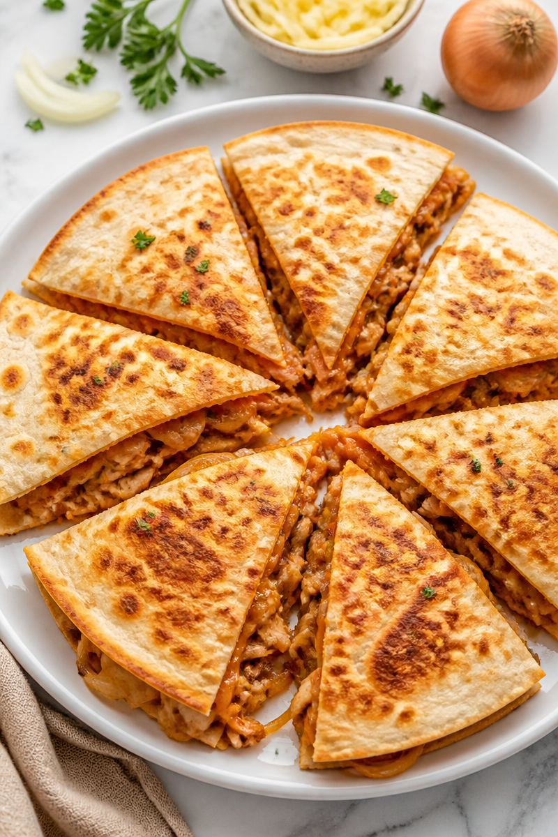 Cheesy BBQ Pulled Chicken And Onion Quesadilla Recipe