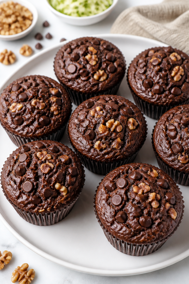 Moist Zucchini And Walnut Double Chocolate Chip Muffin