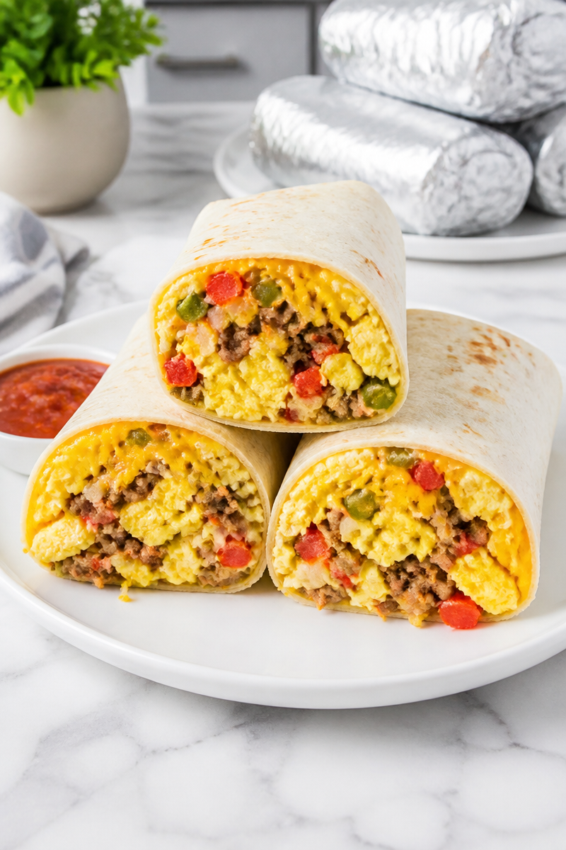 Freezer Friendly Egg And Beef Sausage Breakfast Burrito