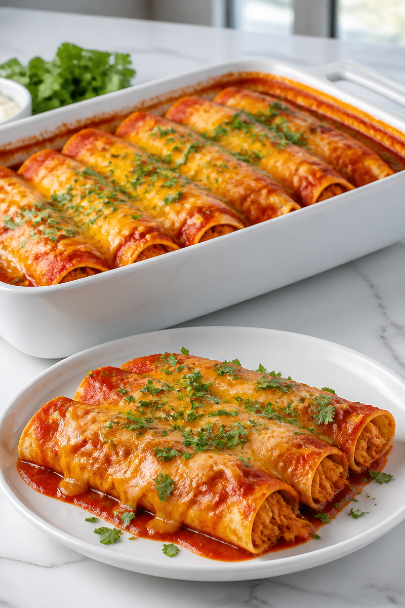 Cheesy Red Sauce Shredded Chicken Enchilada Dinner