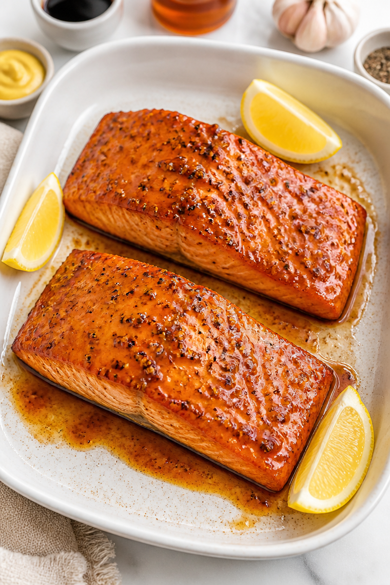 Oven Baked Maple Mustard Glazed Salmon Dinner