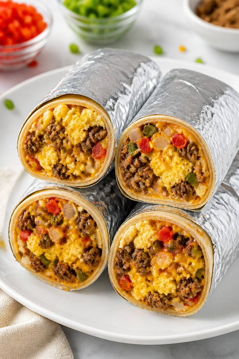 Freezer Friendly Egg And Beef Sausage Breakfast Burrito