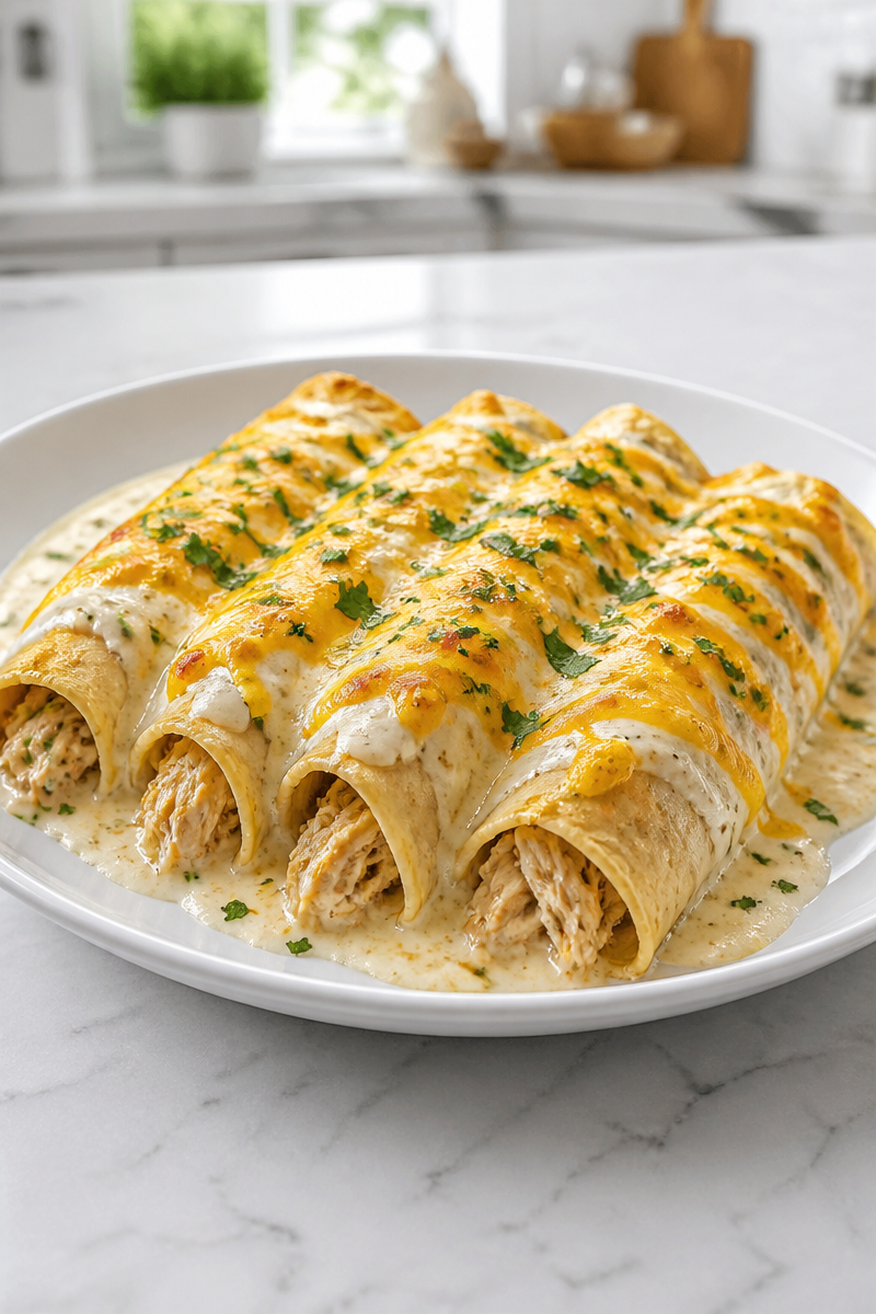 Creamy White Sauce Shredded Chicken Enchilada Dinner