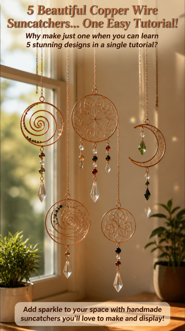 5 Beautiful Copper Wire Suncatchers… One Easy Tutorial! Why make just one when you can learn 5 stunning designs in a single tutorial?