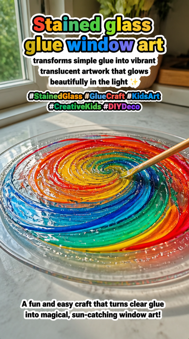 Stained glass glue window art transforms simple glue into vibrant translucent artwork that glows beautifully in the light ✨ Save this project! #StainedGlass #GlueCraft #KidsArt #CreativeKids #DIYDeco