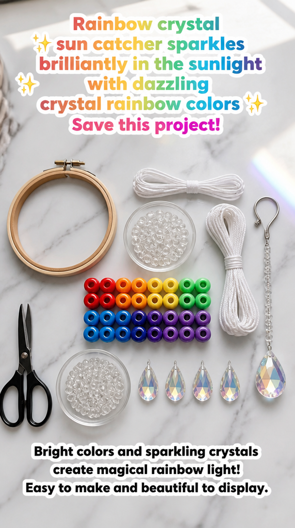 Rainbow crystal sun catcher sparkles brilliantly in the sunlight with dazzling crystal rainbow colors ✨ Save this project!