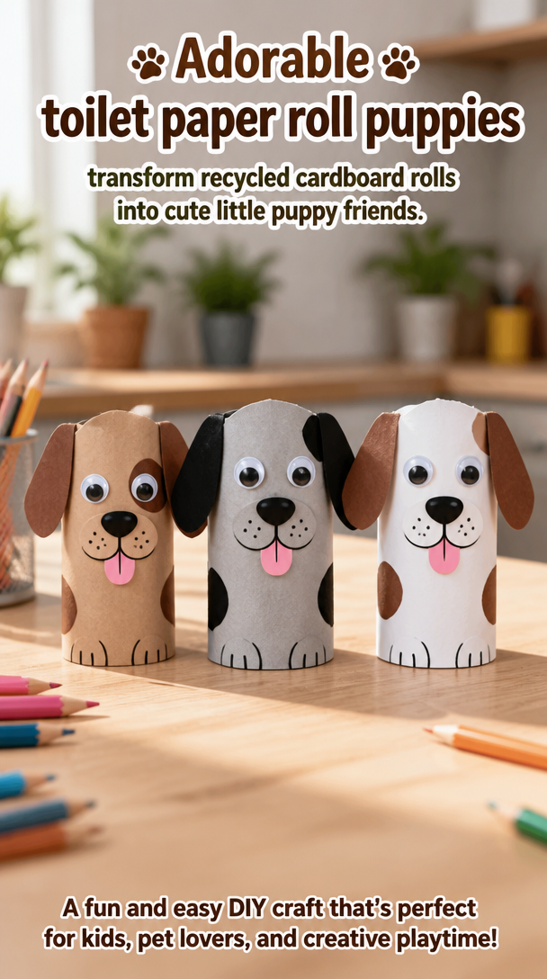 Adorable toilet paper roll puppies transform recycled cardboard rolls into cute little puppy friends.