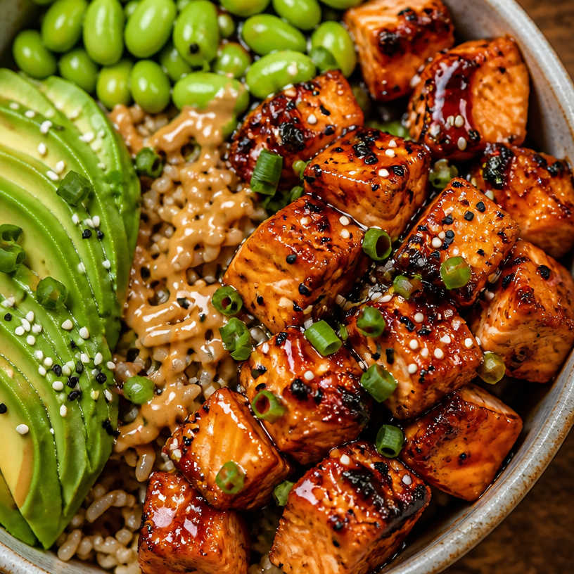 Air Fried Teriyaki Salmon Bites Rice Bowl