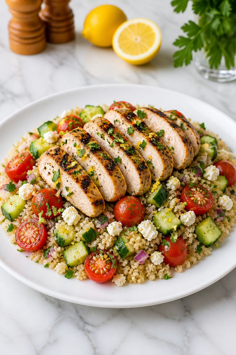 Mediterranean Lemon Herb Quinoa And Chicken Bowl