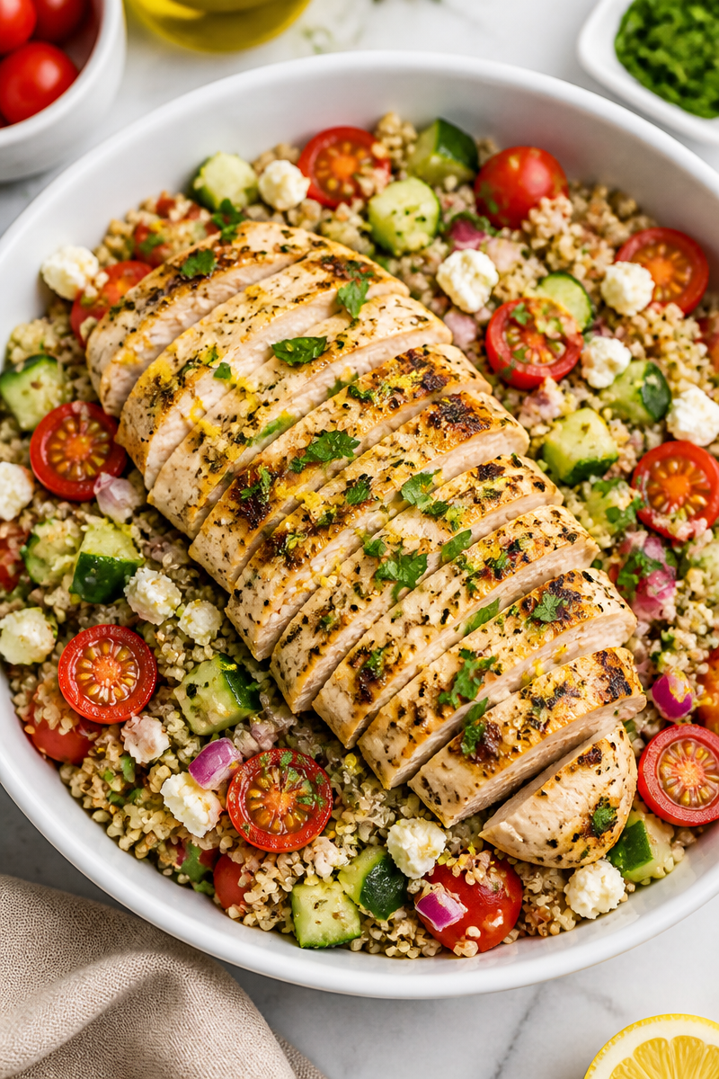 Mediterranean Lemon Herb Quinoa And Chicken Bowl