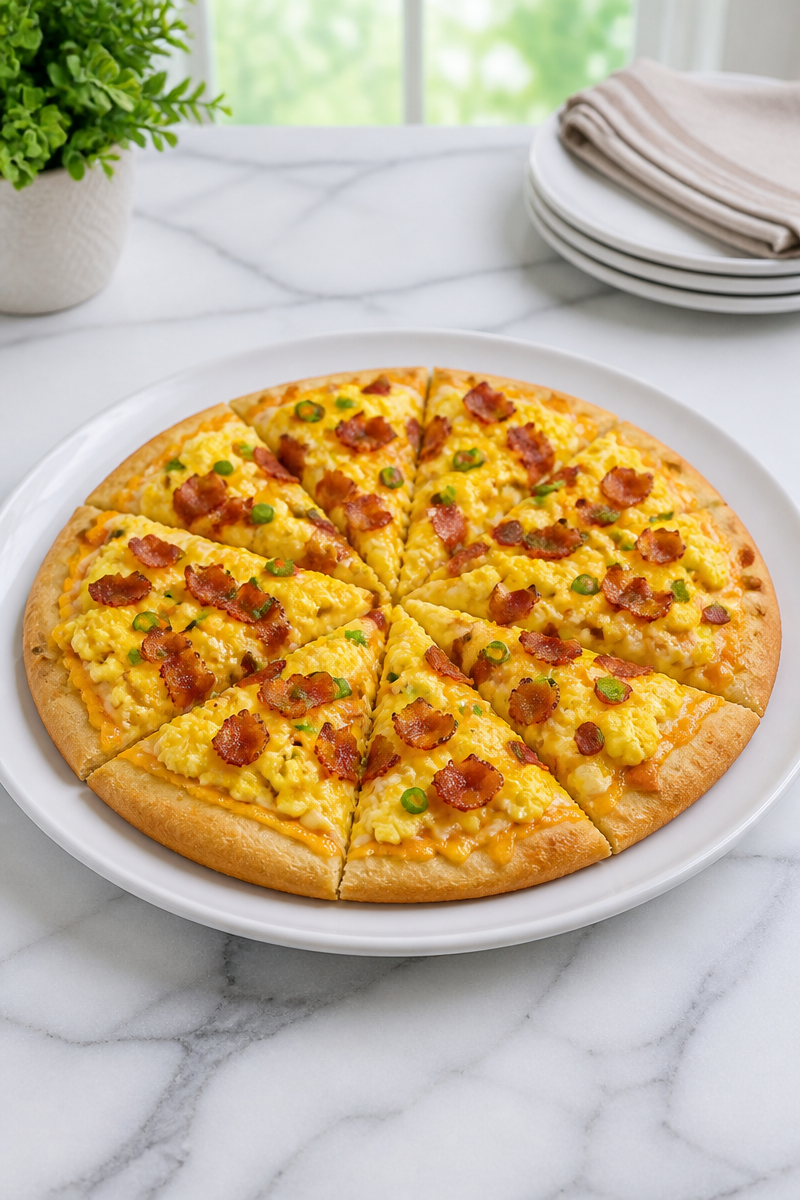 Cheesy Scrambled Egg And Turkey Bacon Breakfast Pizza