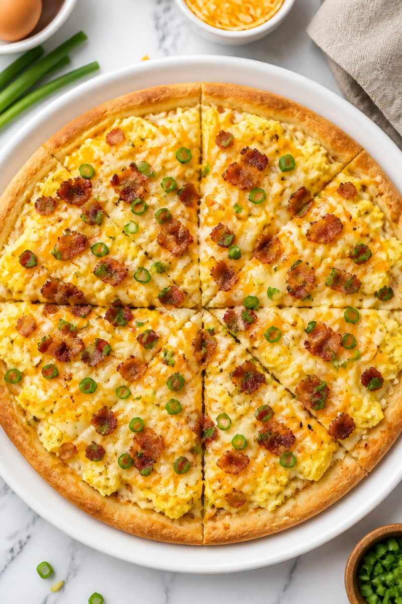 Cheesy Scrambled Egg And Turkey Bacon Breakfast Pizza