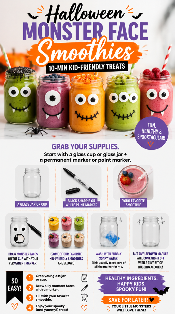 Halloween Monster Face Smoothies: 10-Min Kid-Friendly Treats