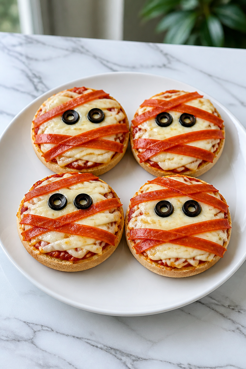 Spooky Mummy Face English Muffin Halloween Pizza 5 Spooky Mummy Face English Muffin Halloween Pizza