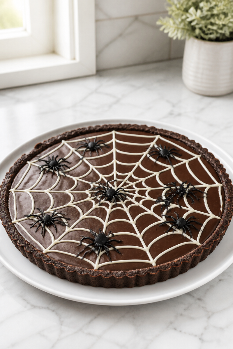 Creepy Spider Web Topped Chocolate Halloween Tart 5 Creepy Spider Web Topped Chocolate Halloween Tart