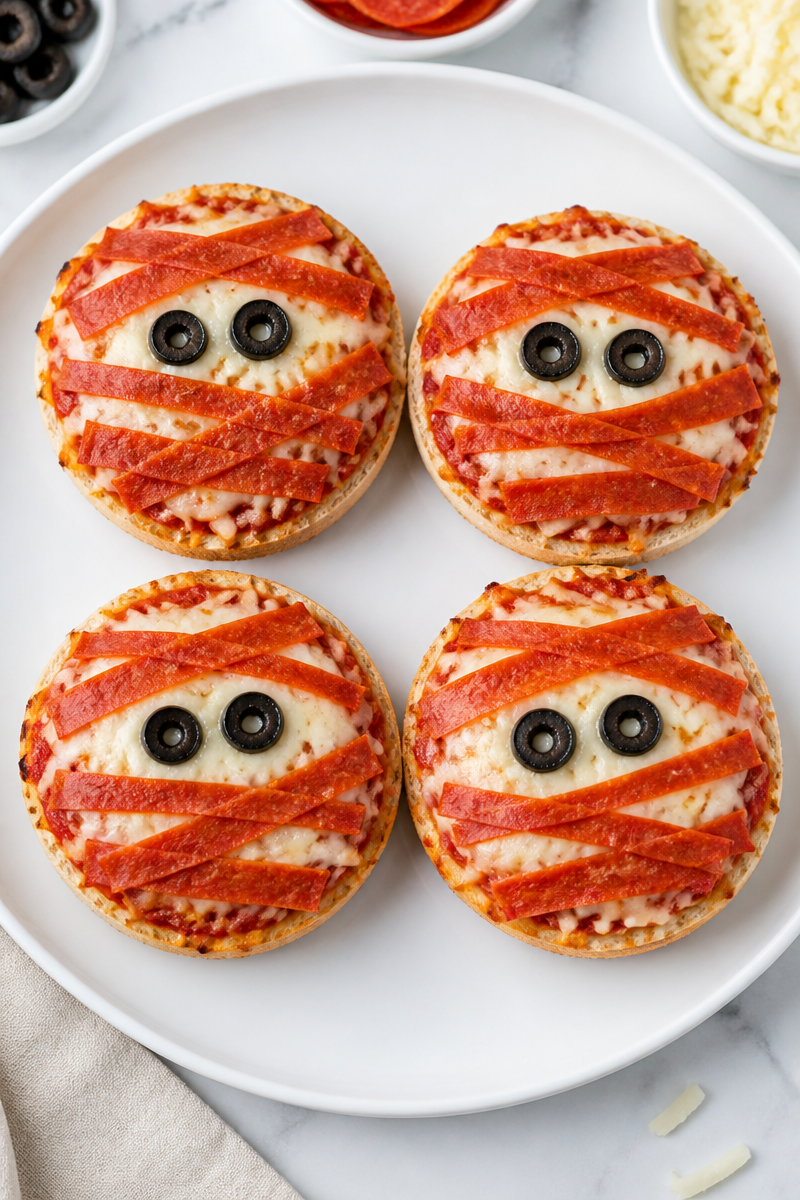 Spooky Mummy Face English Muffin Halloween Pizza 6 Spooky Mummy Face English Muffin Halloween Pizza