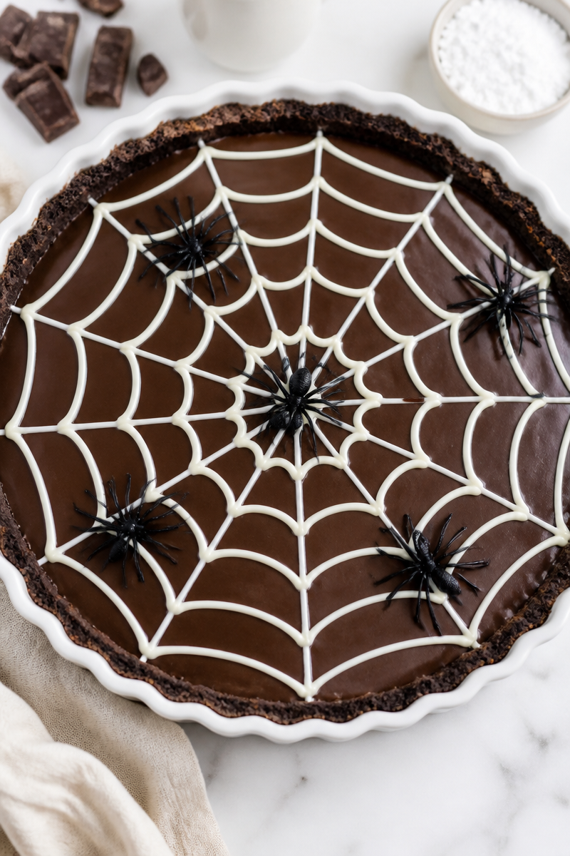 Creepy Spider Web Topped Chocolate Halloween Tart 6 Creepy Spider Web Topped Chocolate Halloween Tart