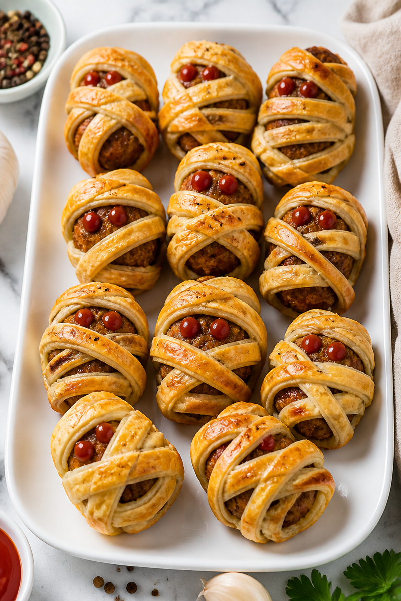 Creepy Mummy Wrapped Halal Meatball Halloween Appetizer 6 Creepy Mummy Wrapped Halal Meatball Halloween Appetizer