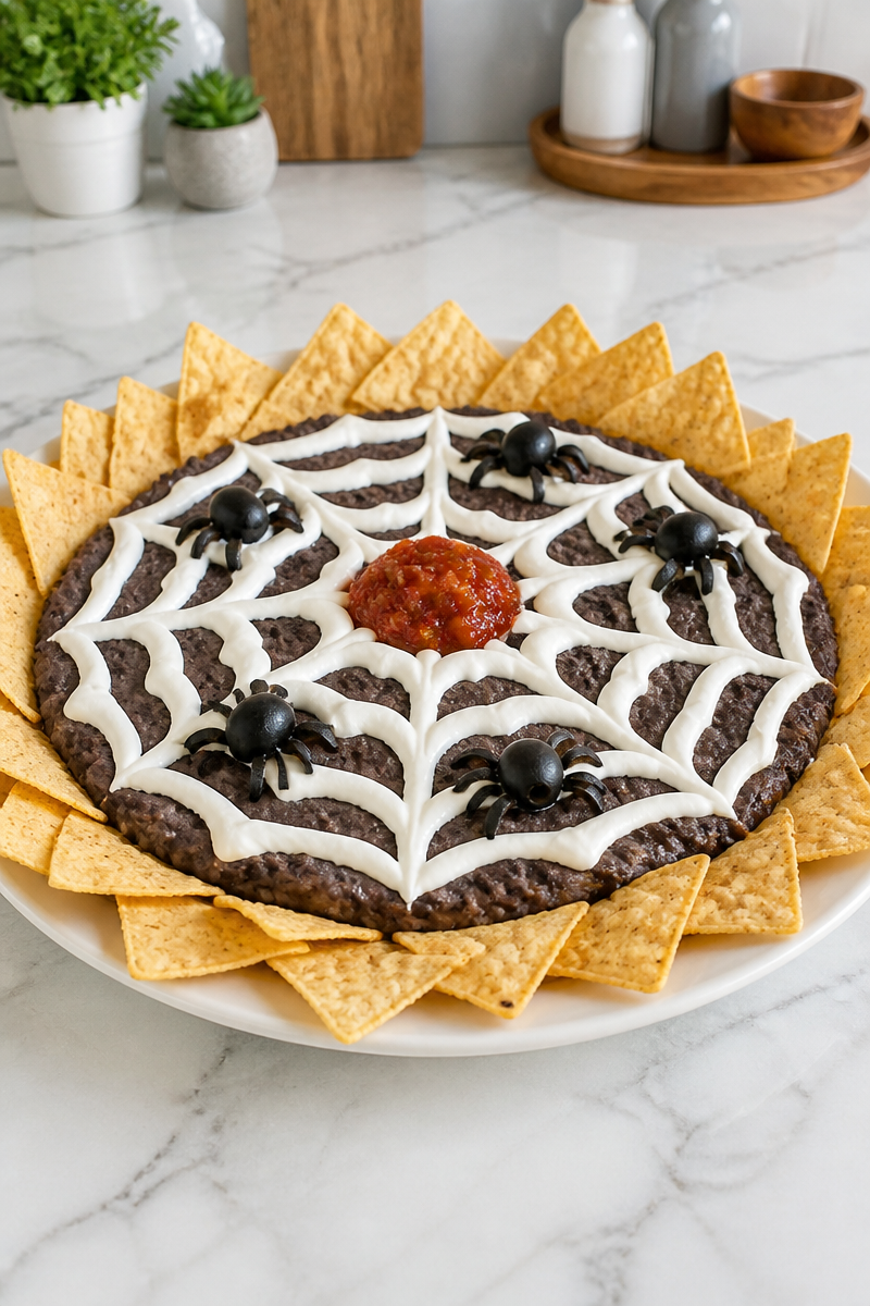 Spooky Black Bean And Sour Cream Spider Web Halloween Dip