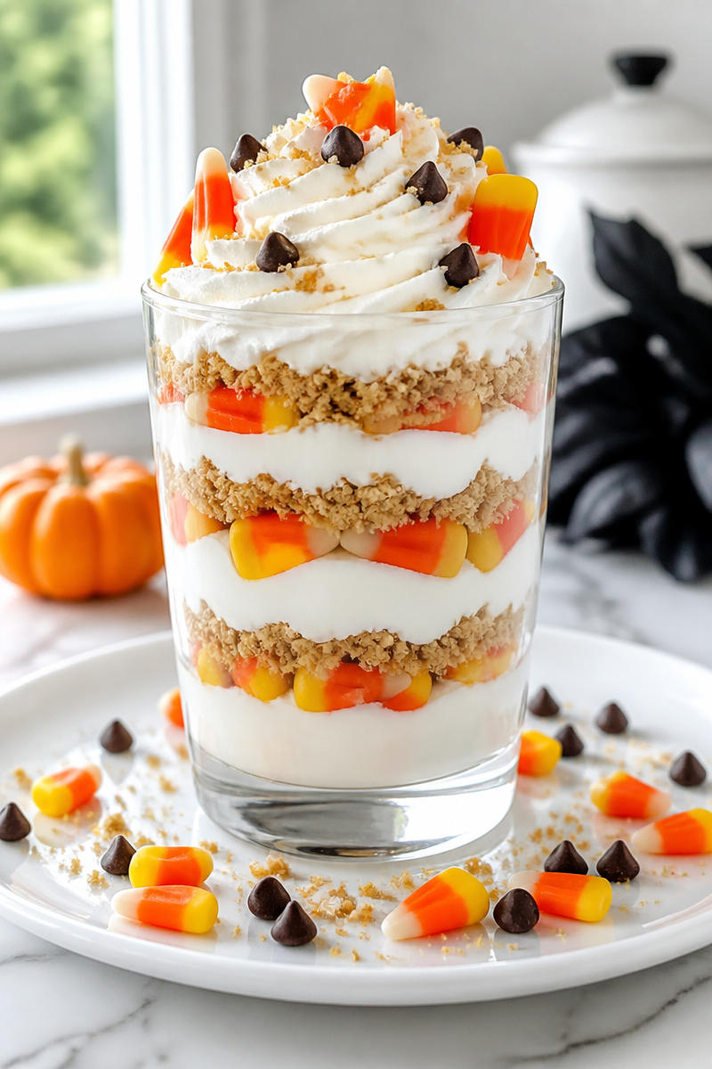 Layered Candy Corn And Yogurt Halloween Parfait Dessert