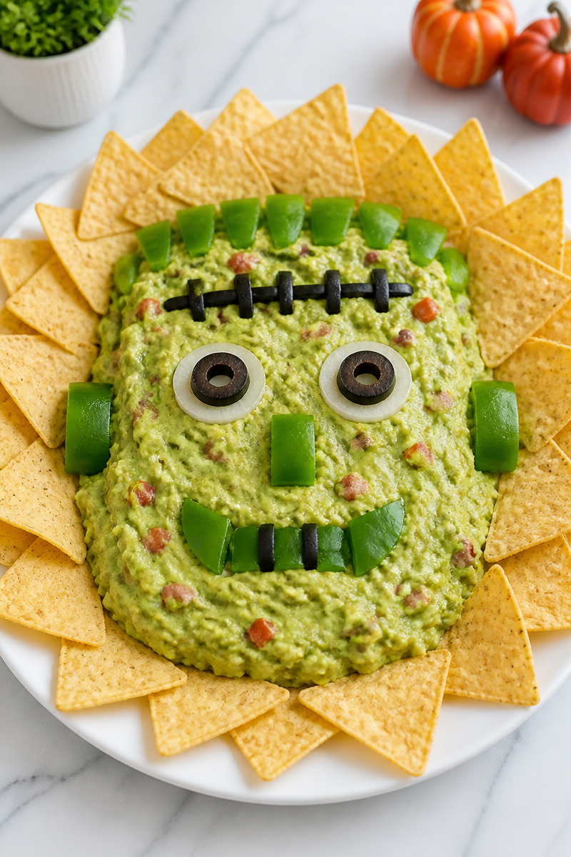 Spooky Frankenstein Face Guacamole Halloween Dip Appetizer