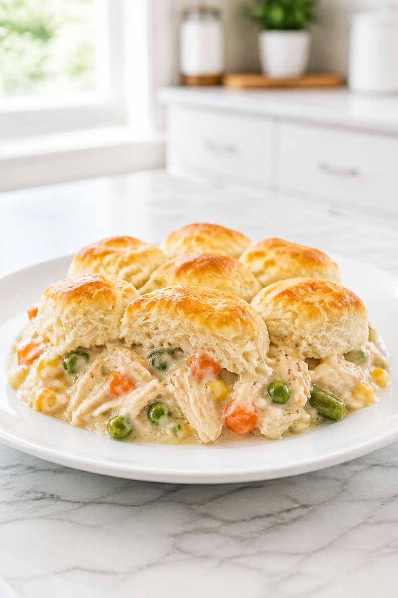 Cozy Biscuit Topped Chicken Pot Pie Casserole