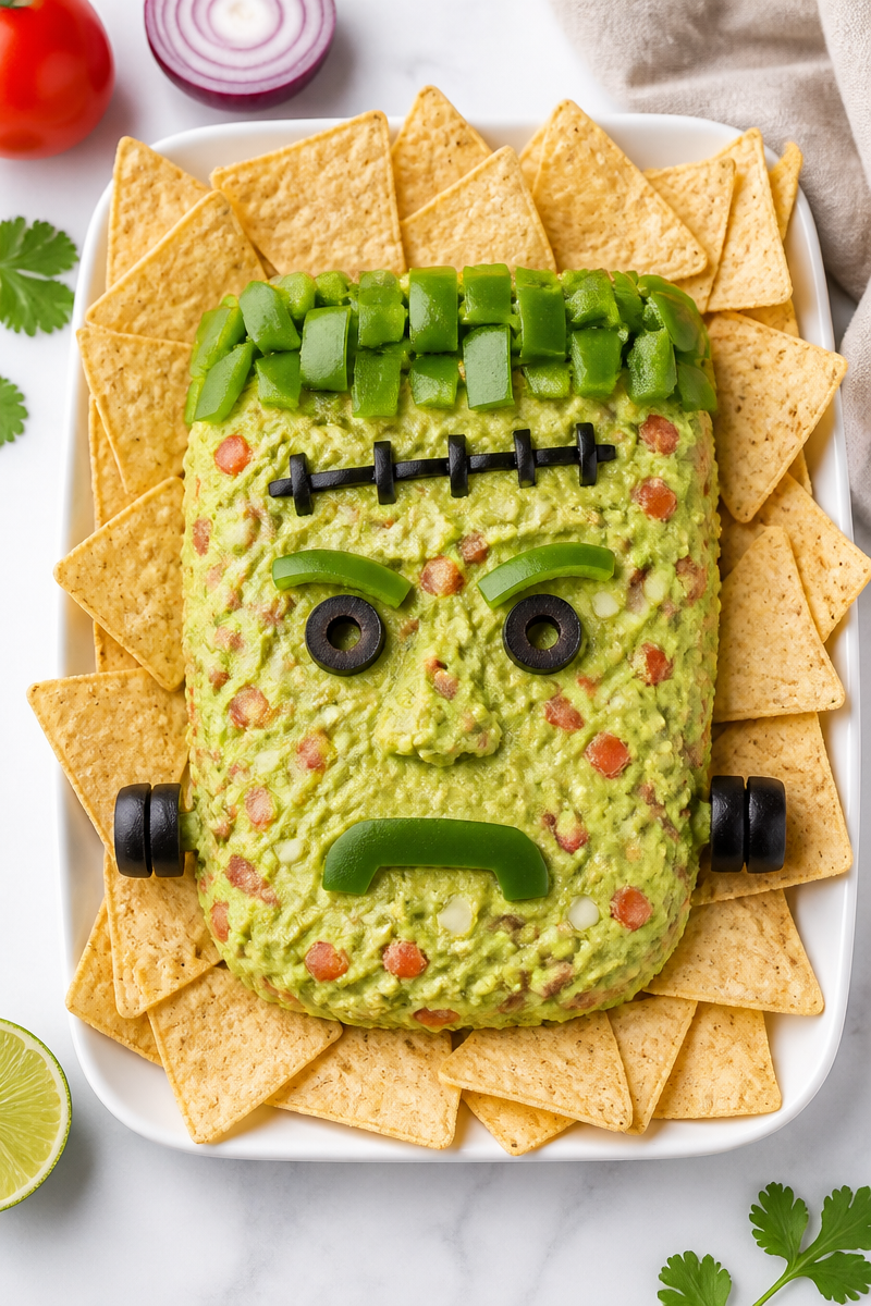 Spooky Frankenstein Face Guacamole Halloween Dip Appetizer