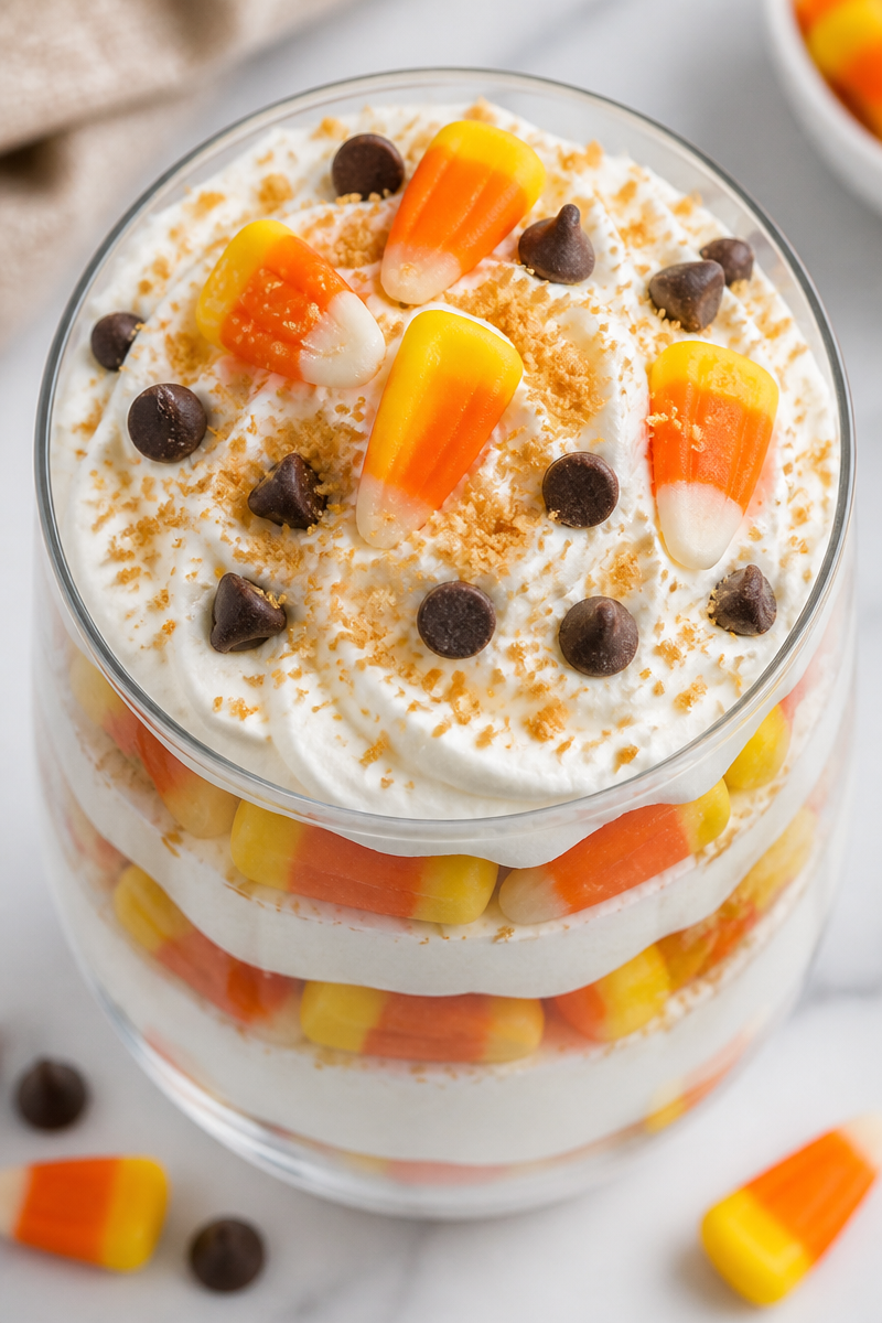 Layered Candy Corn And Yogurt Halloween Parfait Dessert
