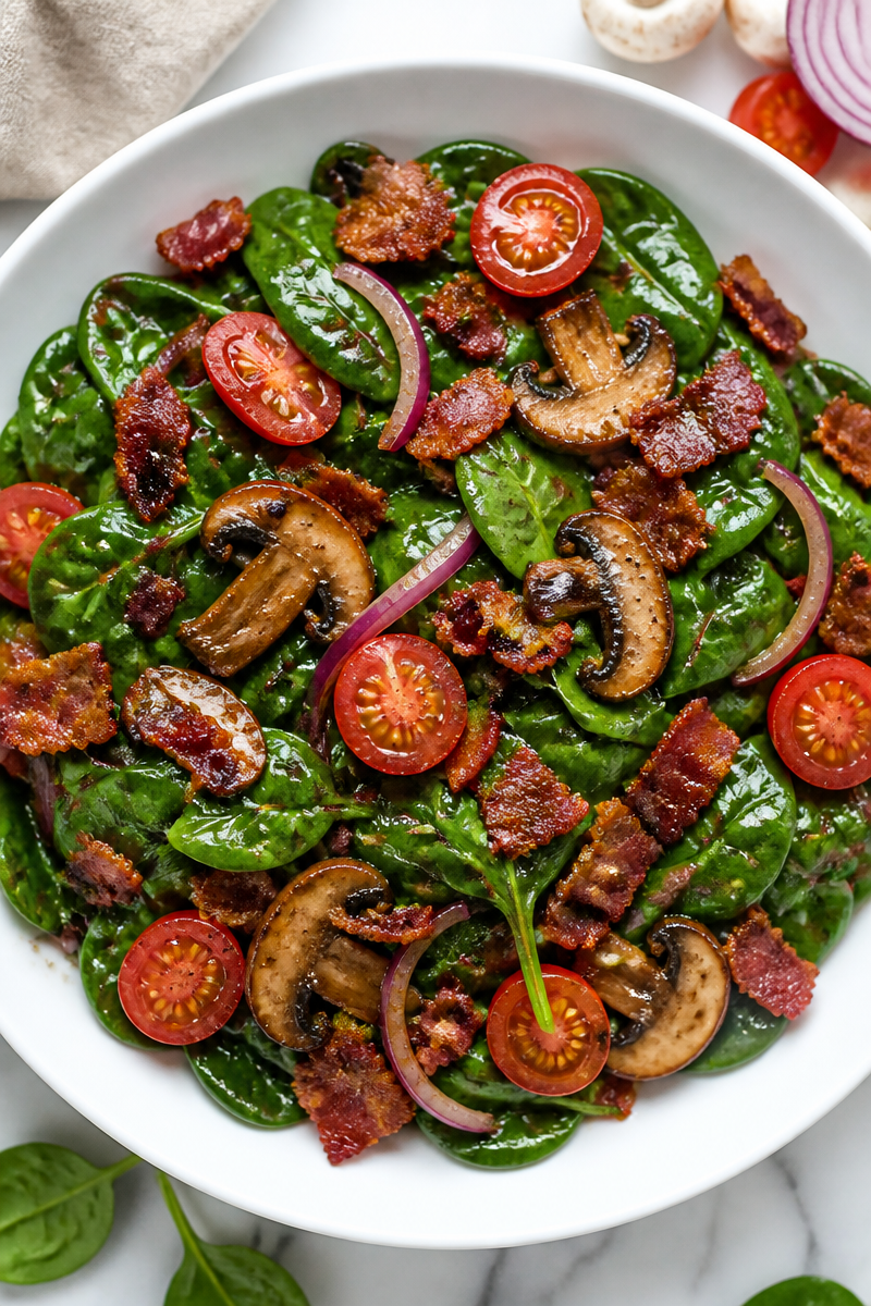 Warm Turkey Bacon And Mushroom Spinach Salad