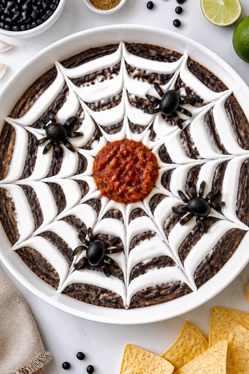 Spooky Black Bean And Sour Cream Spider Web Halloween Dip
