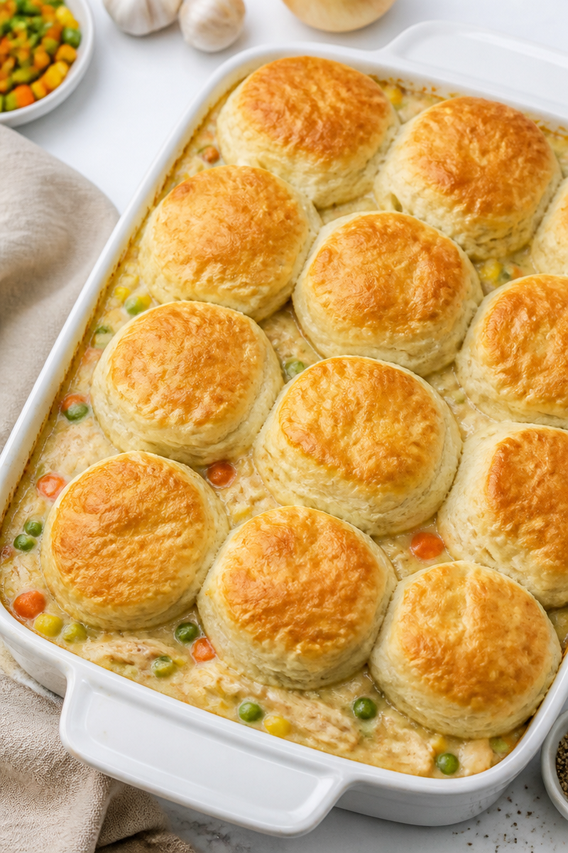 Cozy Biscuit Topped Chicken Pot Pie Casserole